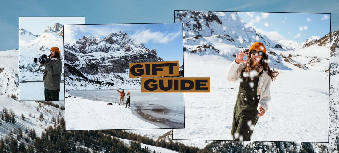 Collage of images showing people in the snow with gift guide layered over the top