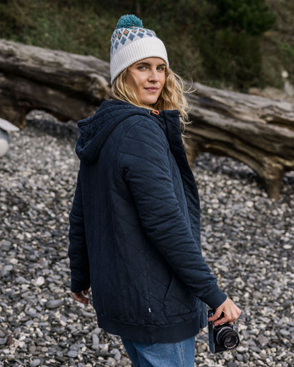 Clementine Recycled Quilted Popper Up Hoodie - Deep Navy
