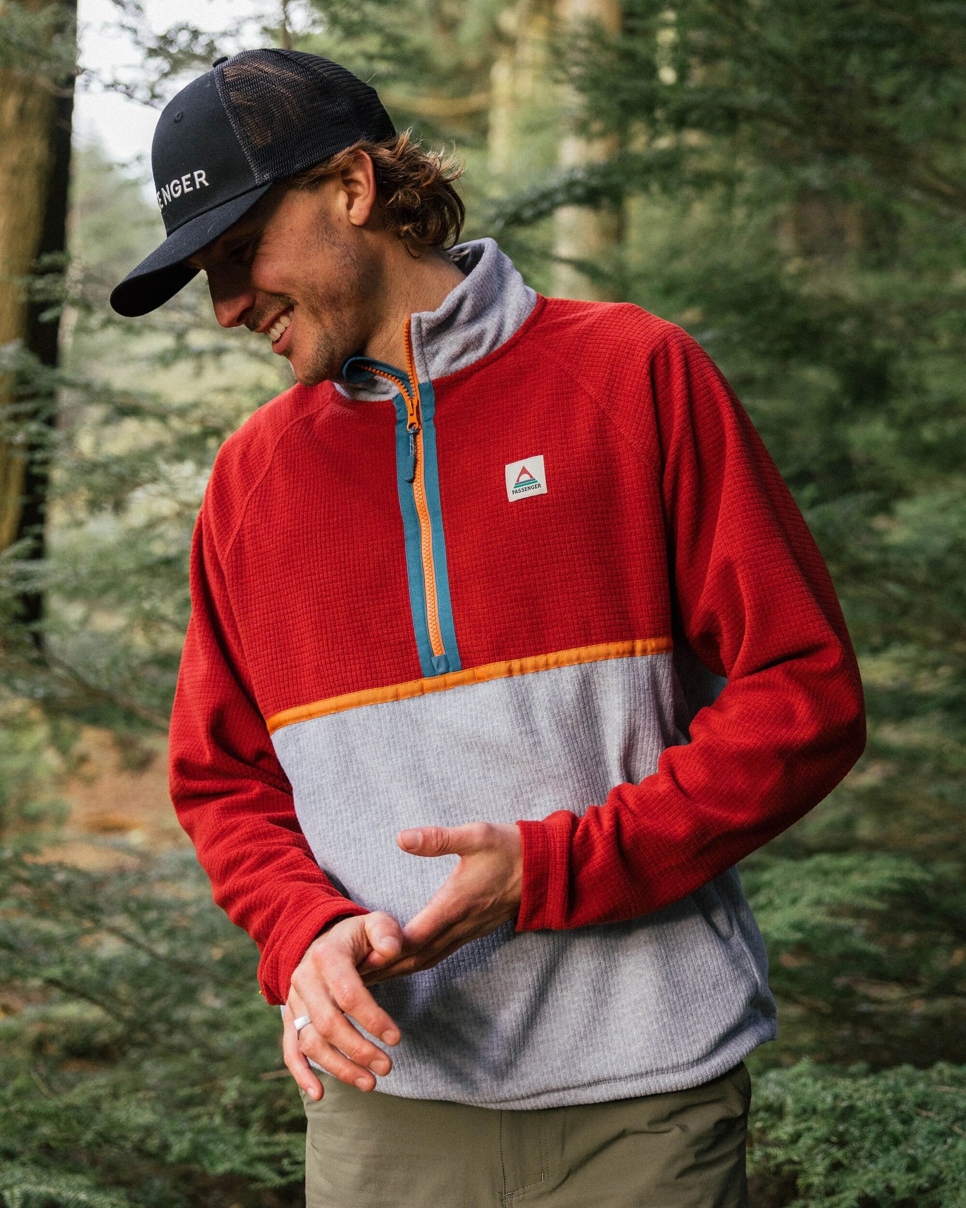 Overlook Recycled Grid Polar Fleece - Red Ochre/Grey Marl