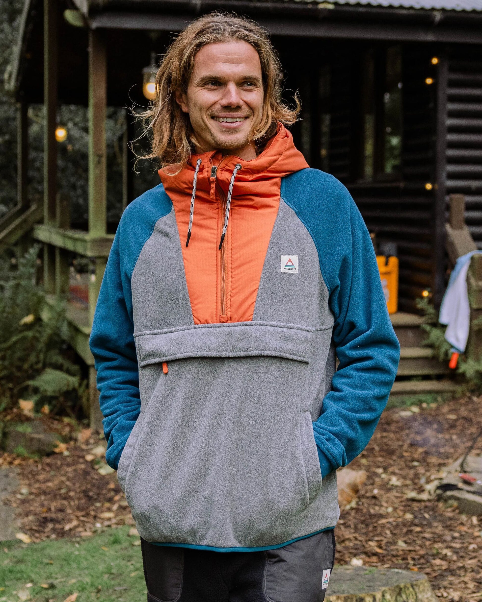 Woodland Hooded 1/2 Zip Recycled Polar Fleece - Grey Marl/ Tidal Blue