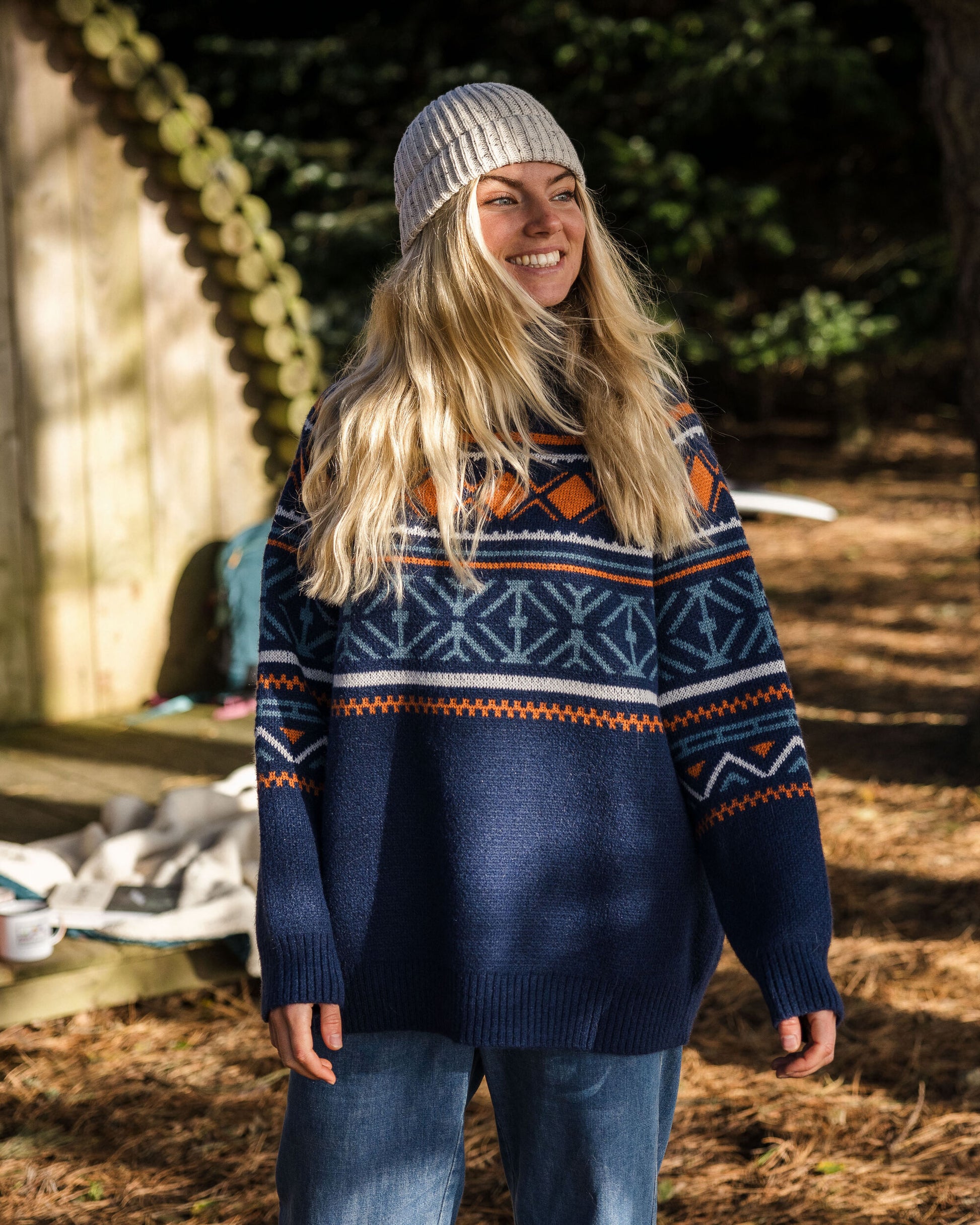 Whimsical Oversized Recycled Polo Neck Knitted Jumper - Homespun Stripe Navy