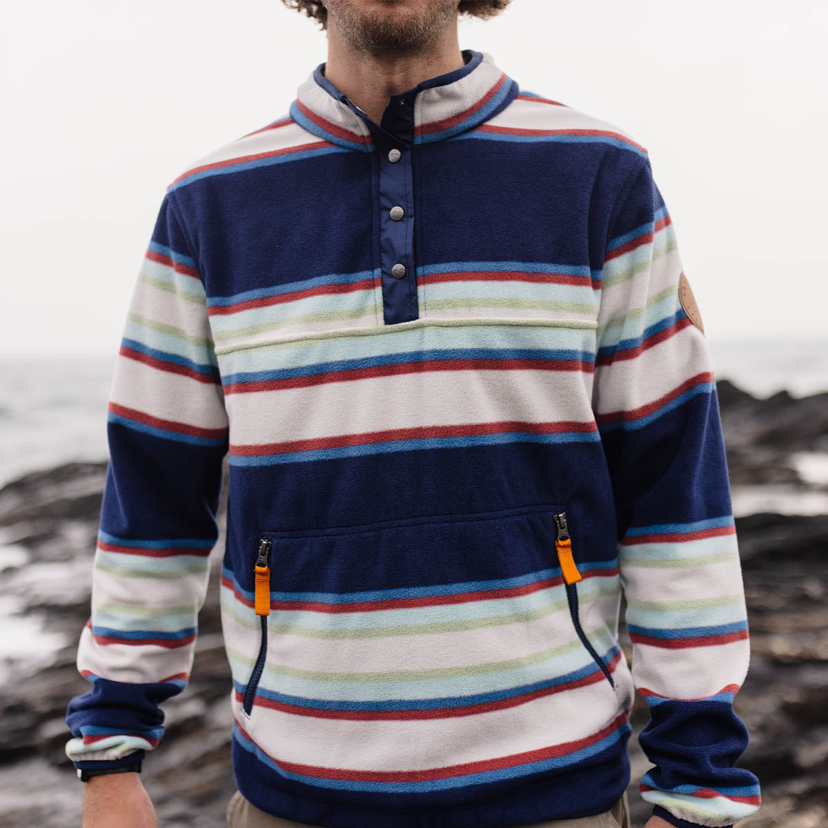 Canyon Recycled Polar Fleece Pullover - Navy Mix Up Stripe