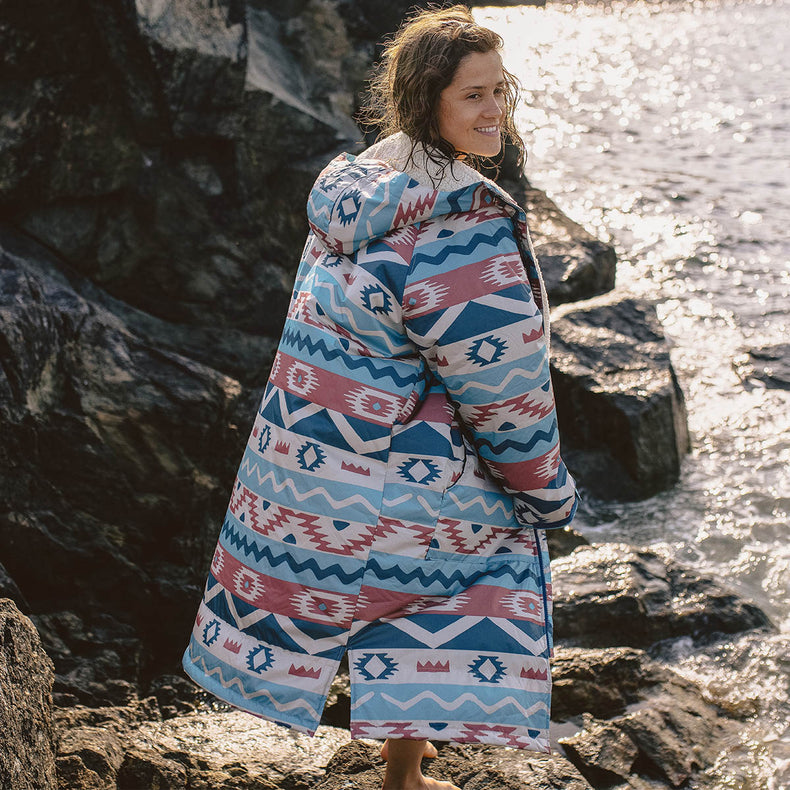 Womens_Roaming Sherpa Lined Changing Robe - Multi Geo Stripe Coral