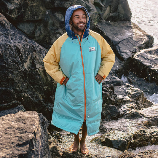 Male_Roaming Sherpa Lined Changing Robe - Blue Turquoise/Ochre Yellow