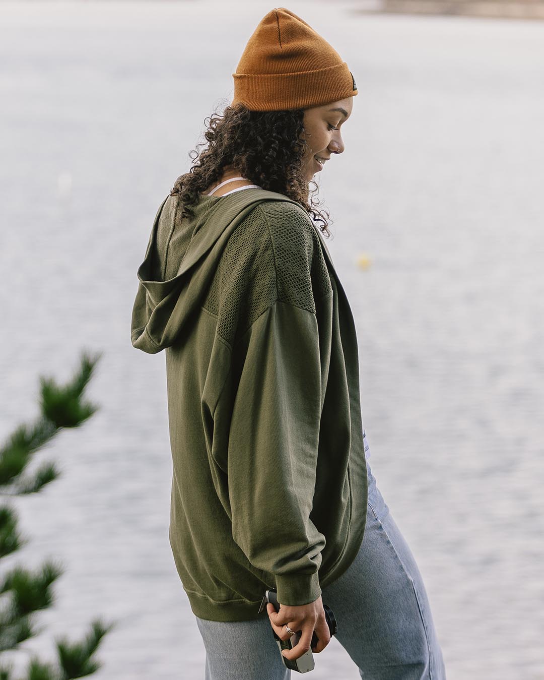 Celeste Recycled Cotton Open Front Hoodie - Dusty Olive